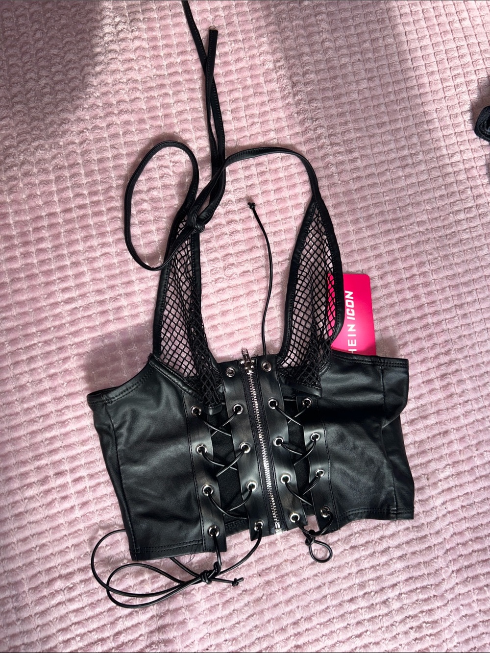 SHEIN Black Faux Leather Lace-Up Mesh Halter Crop Top